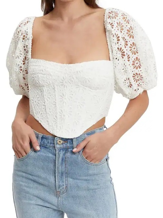 Bardot Tops - White Eyelet Puff-Sleeve Corset Top - Women